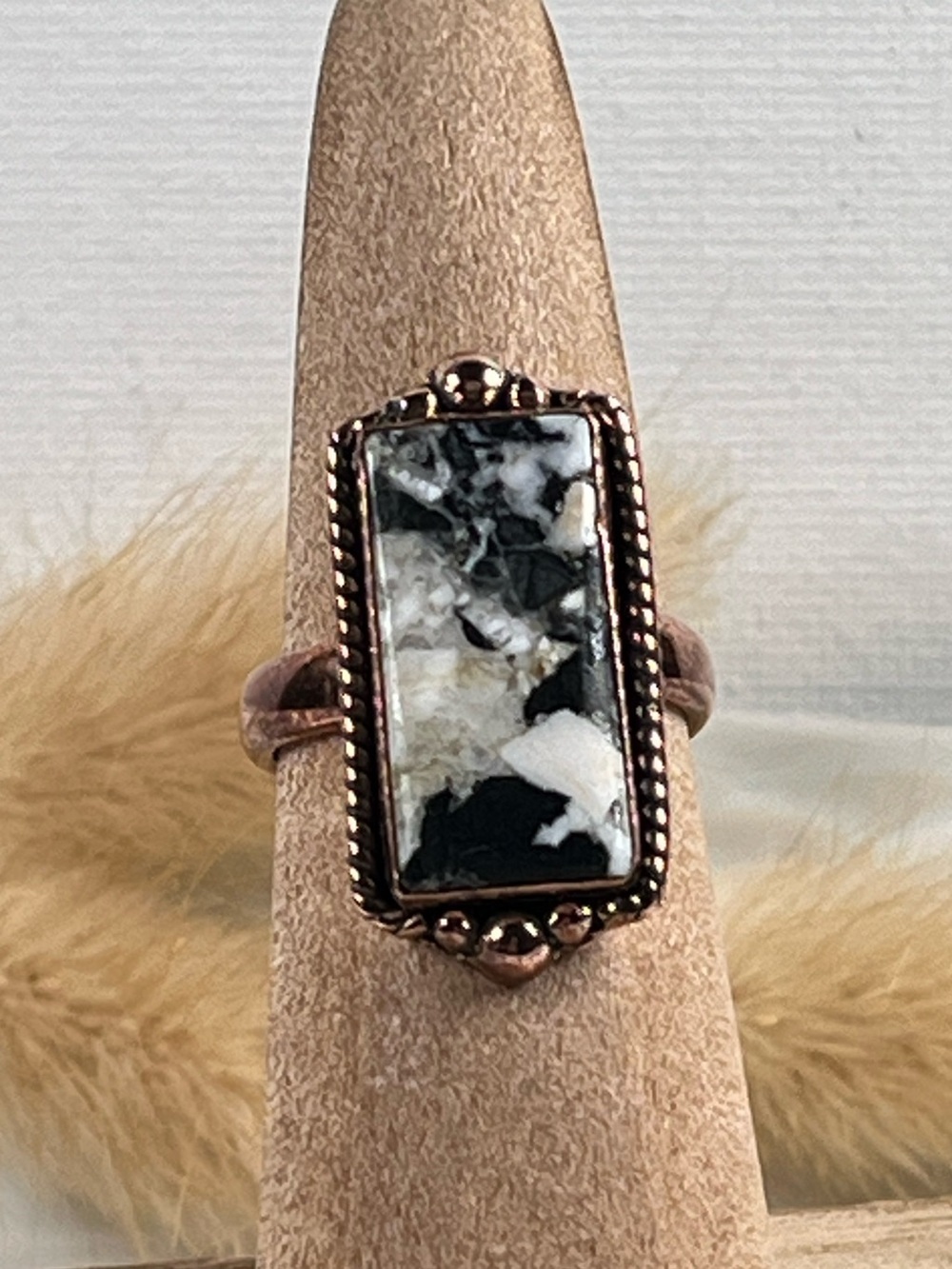 Solid Copper White Buffalo Gemstone Adjustable Ring Size 6